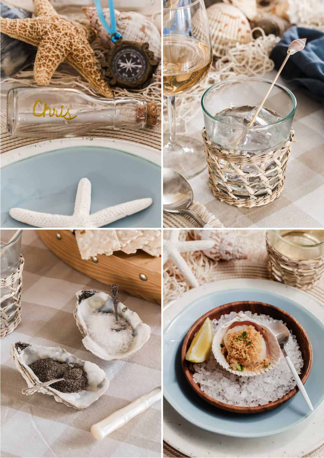 photo collage of nautical themed party details for the table setting.