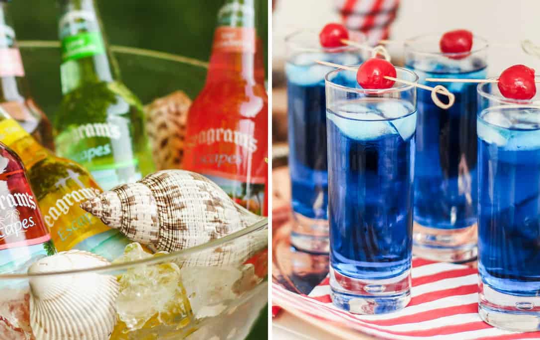 photo collage of two drink images; one in ice bucket with seashells, and one blue drink in glass.