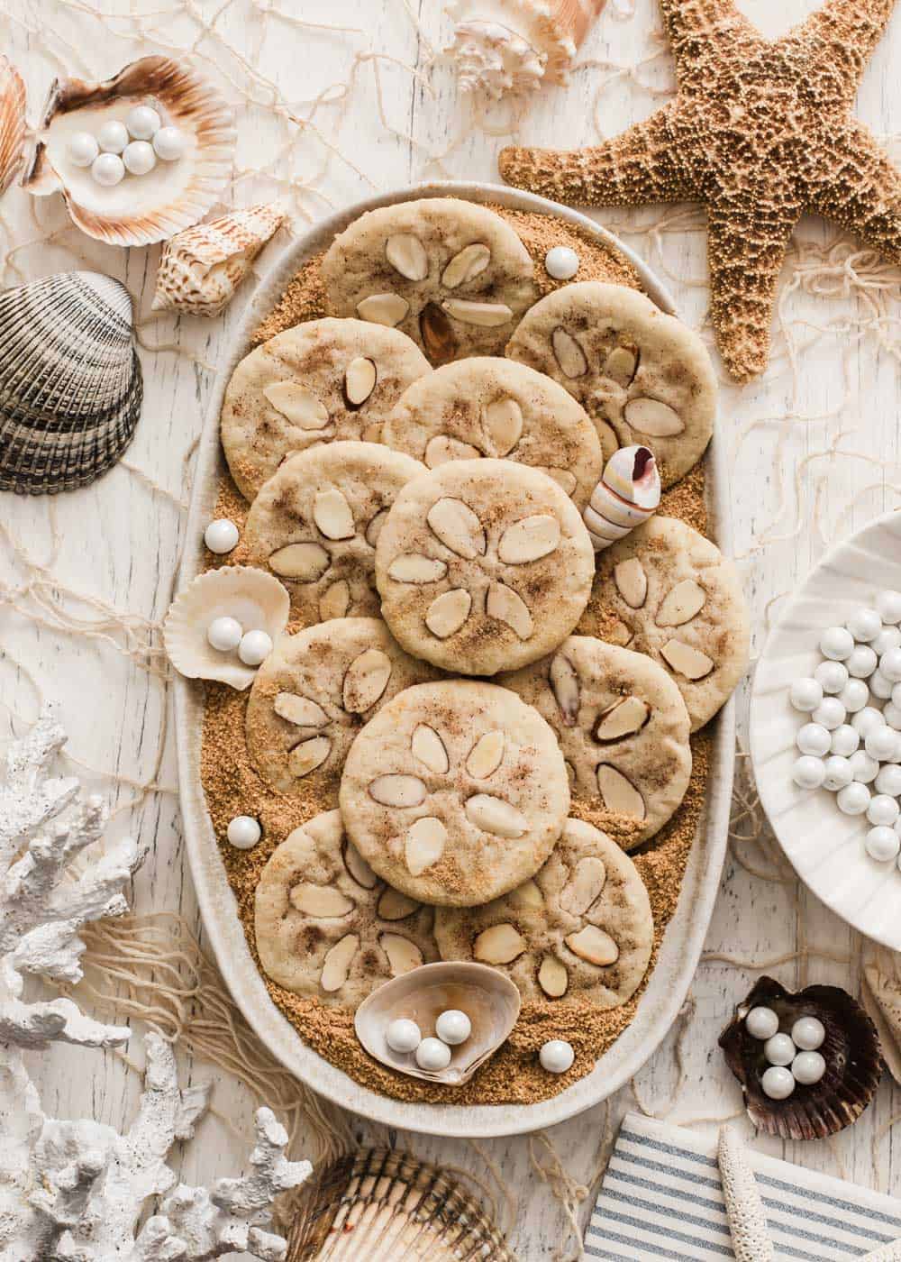 sand dollar cookies on platter surrounded by nautical decorations, shells, and coral. 