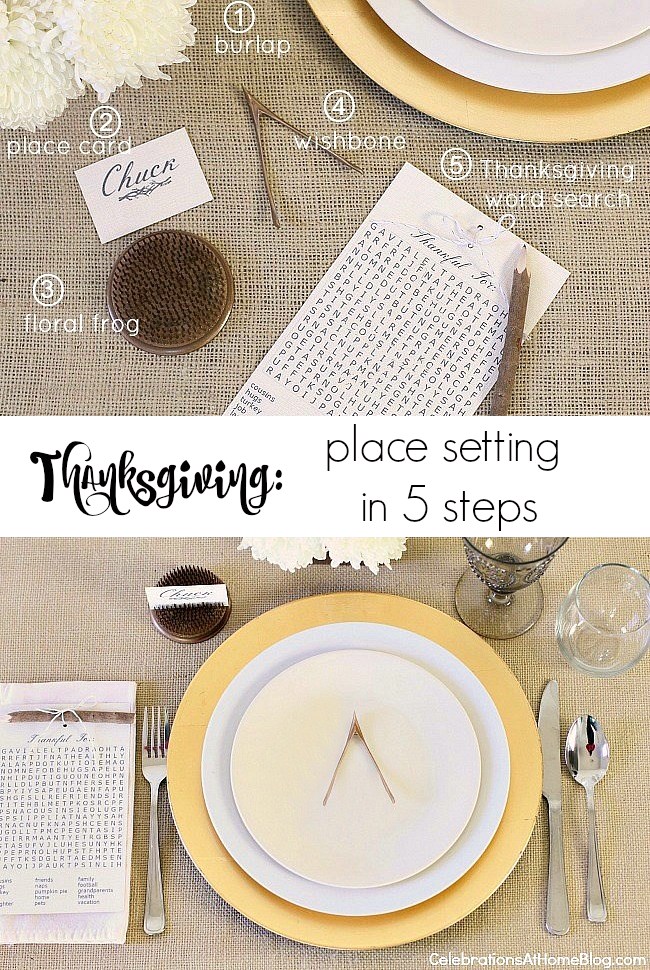 Set a simple Thanksgiving table with 5 elements seen here, plus a free printable word search.