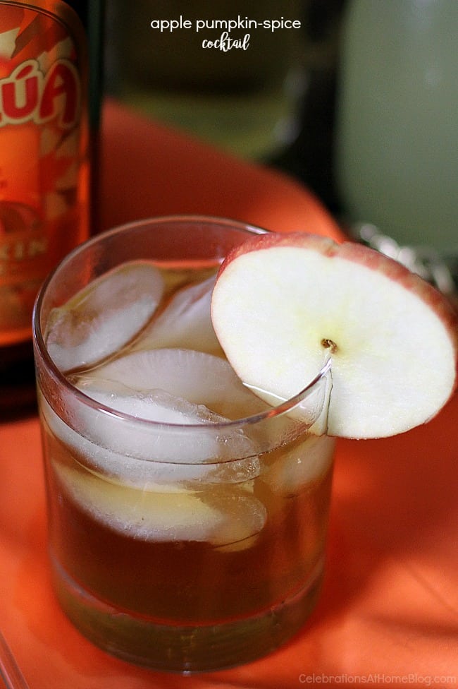 apple pumpkin spice cocktail recipe with apple slice garnish