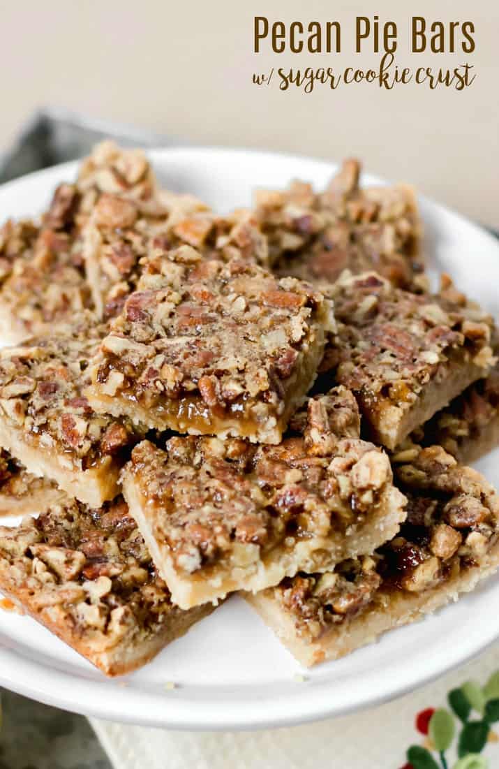 easy pecan pie bars with sugar cookie crust on white dish with text