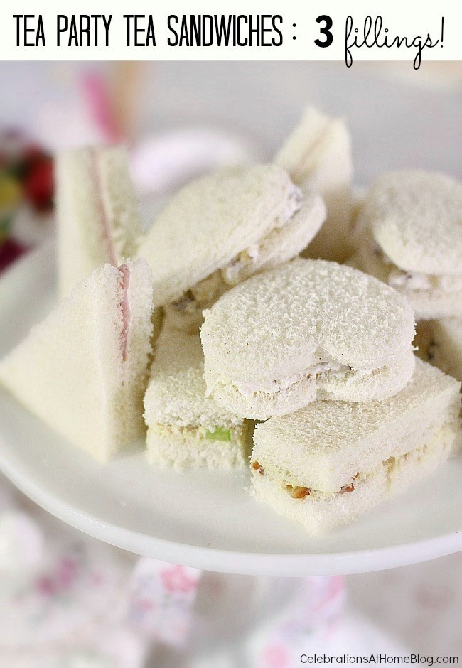 Here are 3 fillings for tea party tea sandwiches. Make them all to give your guests variety, and cut them into cute shapes for presentation.