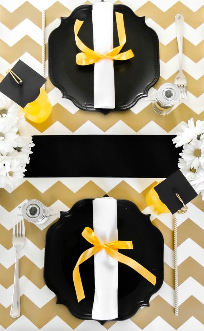 graduation tablescape, black and gold