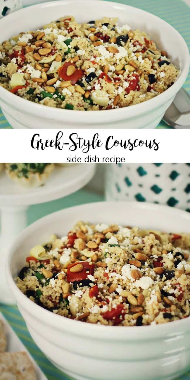This Greek-Style Couscous Recipe gives any meal some International flavor. This makes a terrific side dish for a Greek themed dinner party, or a potluck party. You can even turn it into a one dish meal! #sideDishRecipe #couscous #GreekSideDish #easySideDish #potluckSides