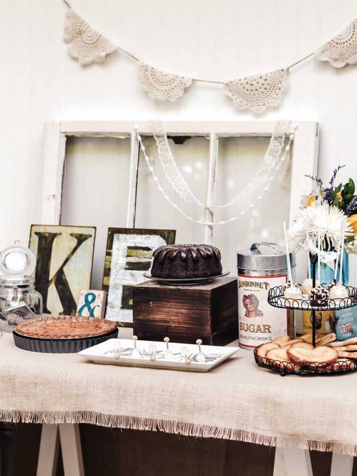 dessert table with vintage decorations.