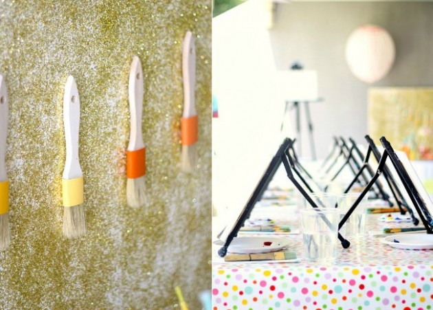 paint themed party ideas with hanging paint brushes and table easels. 