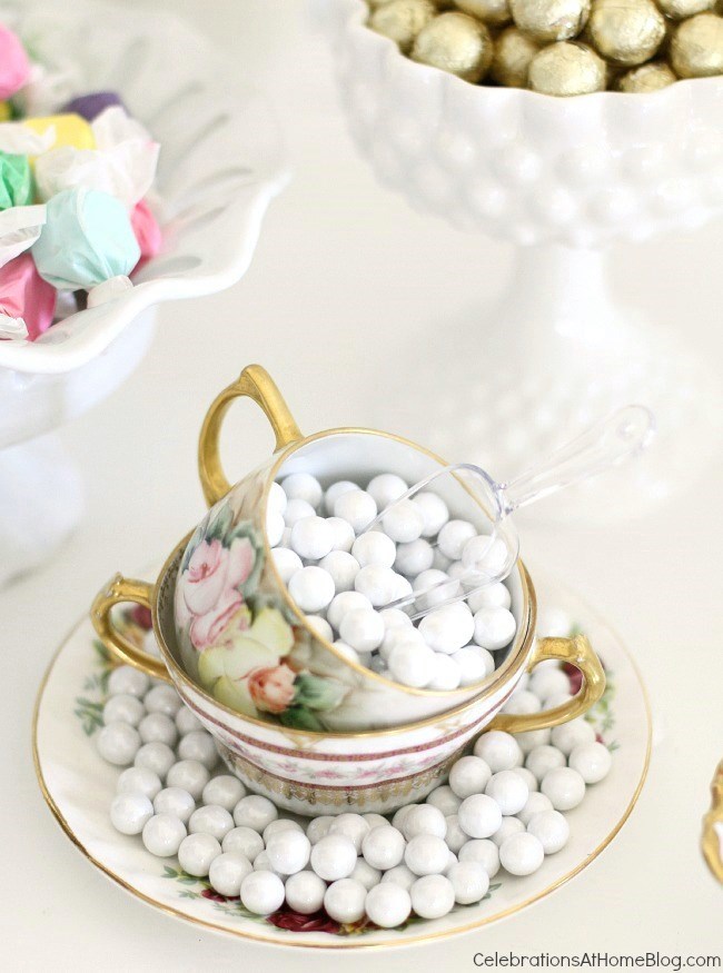 You'll get inspired by this beautiful bridesmaid luncheon with menu & recipes in a modern-meets-vintage style. Would be beautiful for any ladies luncheon or tea party! - serve candy from a tea cup