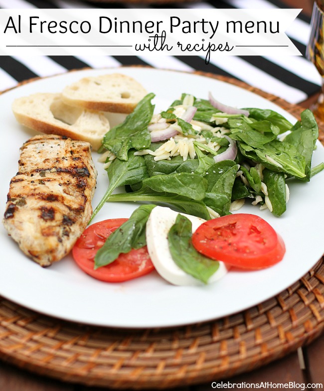 Al Fresco Dinner Party Menu with Recipes; white plate with food