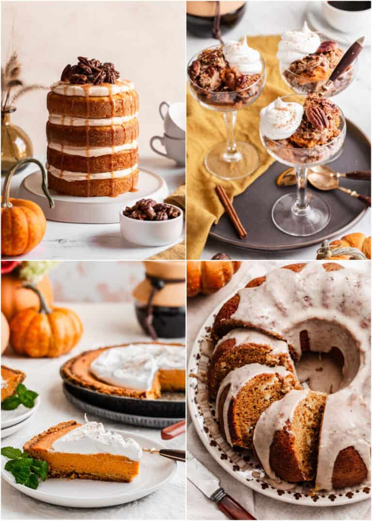 photo collage of pumpkin desserts, cake and pies.