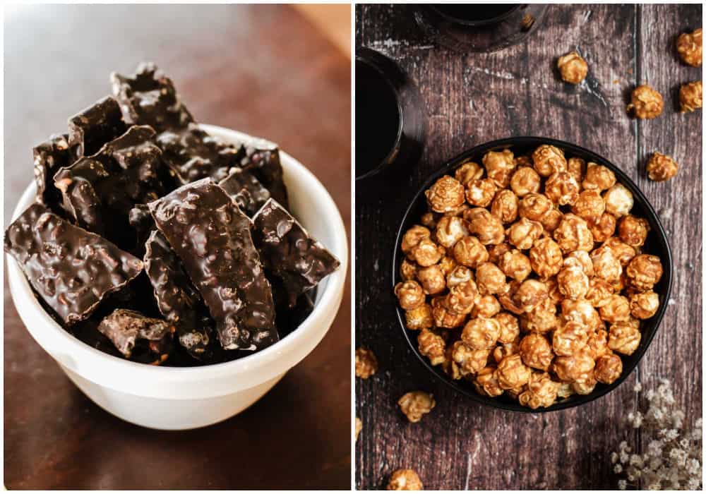 two-photo collage with chocolate bark image and caramel popcorn image.
