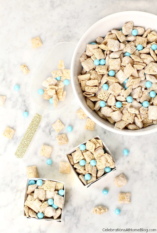 Make this yummy sweet chex mix and add colored candies to match your party colors