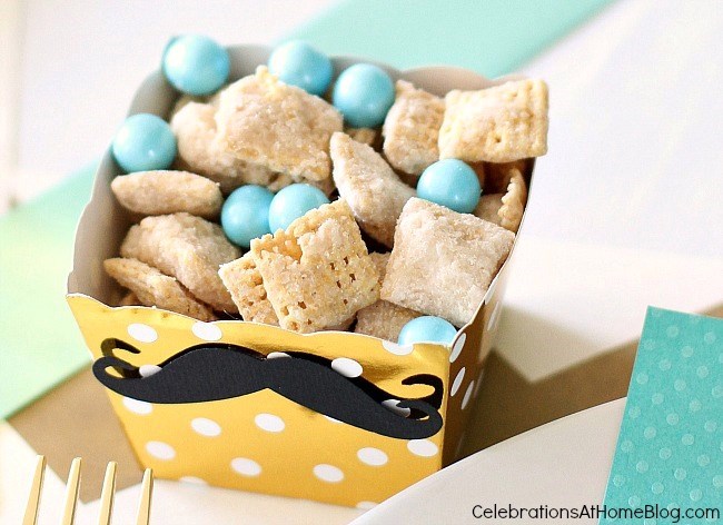 Make this sweet party snack mix for a baby shower and add blue or pink candies for a boy or girl. Or add yellow for a neutral shower.