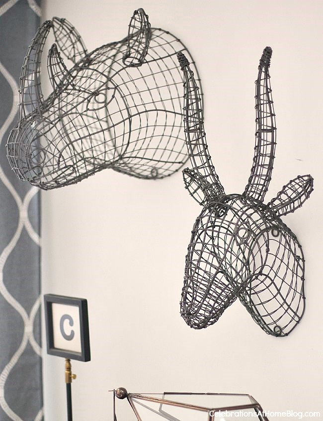 Fabulous animal head wire forms add a whimsical touch to our bonus room decor.