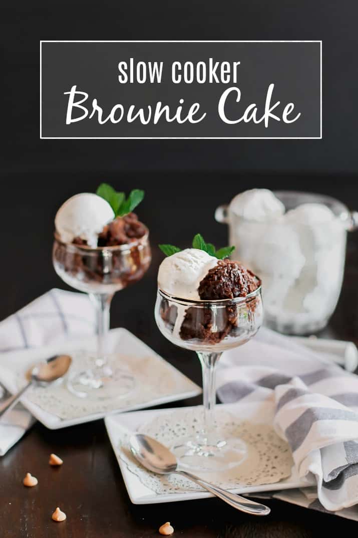 Slow cooker brownie cake recipe, with text overlay