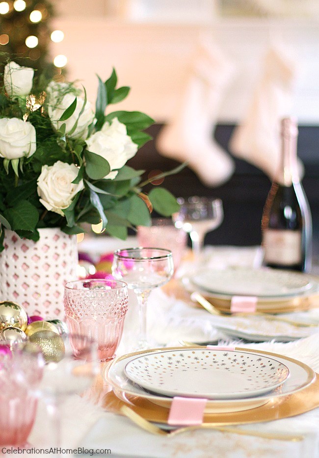 white & pink Christmas tablescape, side view of table and white rose centerpiece