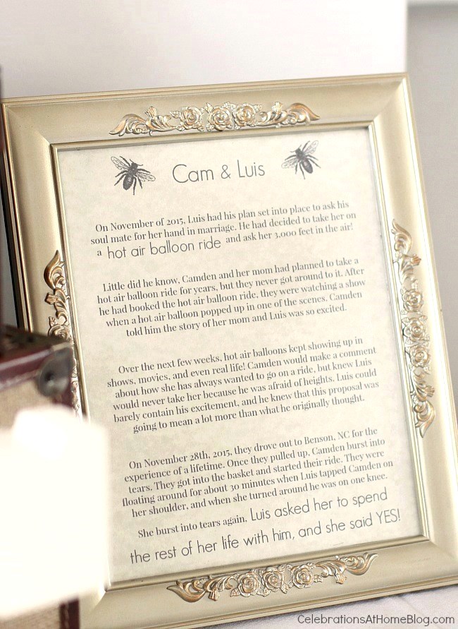 Meant to bee engagement party - framed story of how the couple got engaged