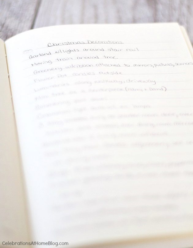 page from party journal, with notes about Christmas decorations.