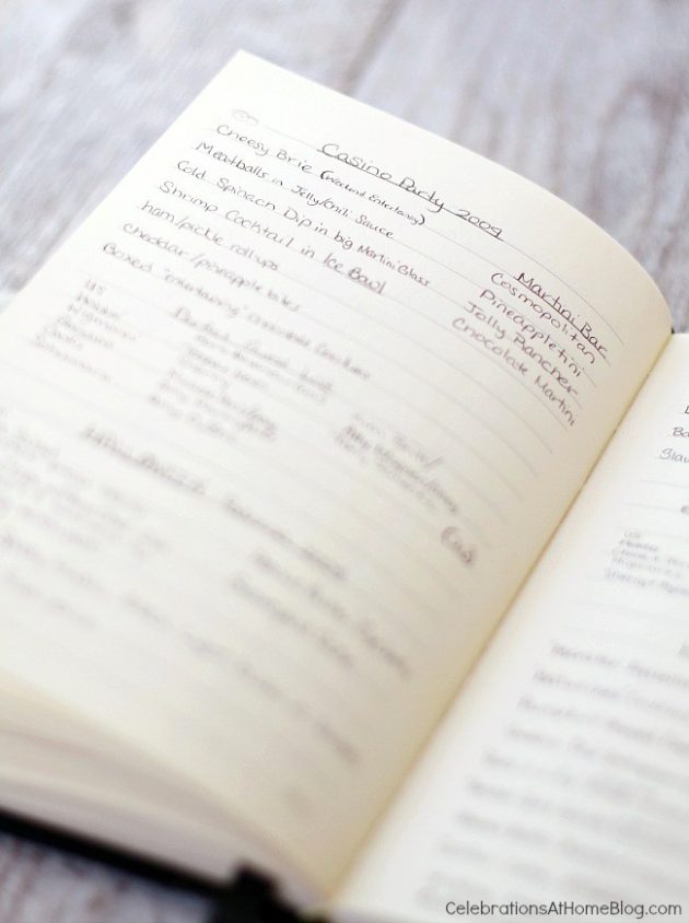 page from party journal, with notes about Casino party food and guest list.