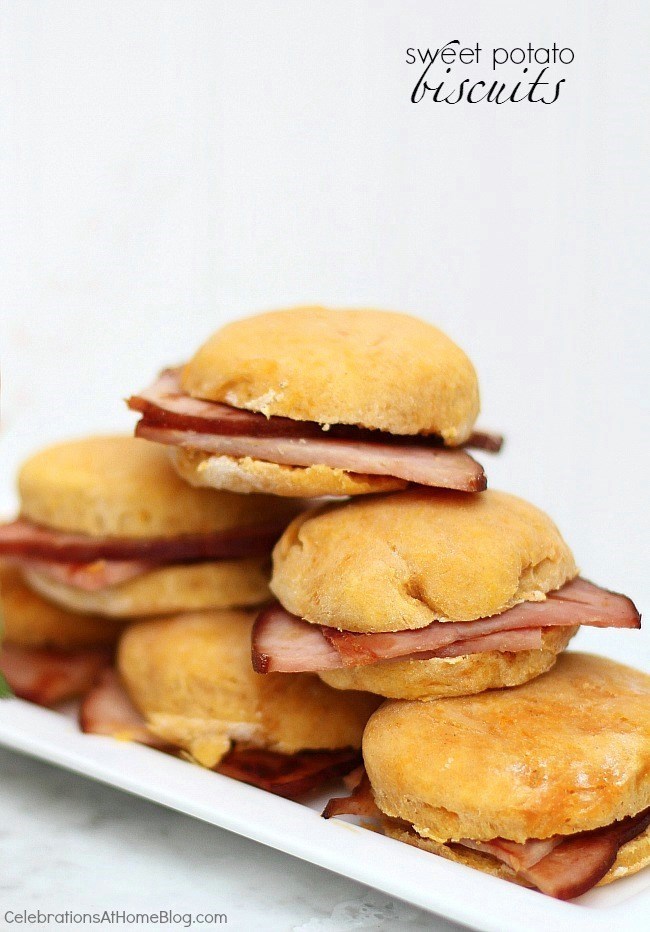 sweet potato biscuits and ham sandwiches stacked