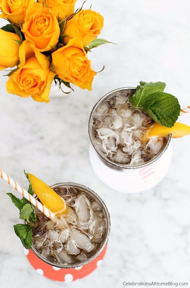 easy peach mint juleps in cups overhead view