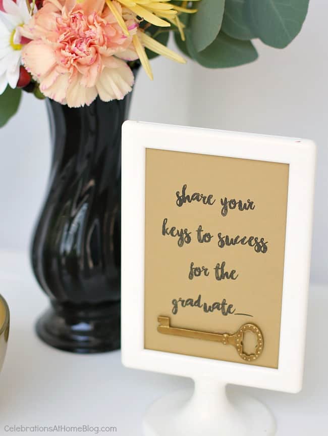 Set up this keys to success theme balloon display for guests to impart words of wisdom to the graduate, or the bride and groom. A great theme for both! 