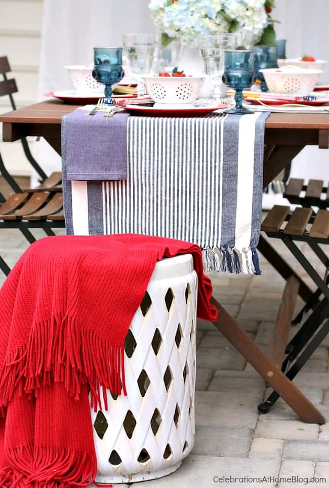 Celebrate July 4th with a red white & blue party tablescape! Get inspiration for an Independence Day party with these photos and tips from entertaining expert, Chris Nease of Celebrations At Home. #tablescape #4thofjuly #july4th #outdoortablescape #redwhiteblue #summerdinnerparty red white & blue party on the patio