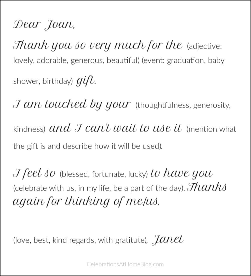 example of what to say in a thank you note with different wording options.