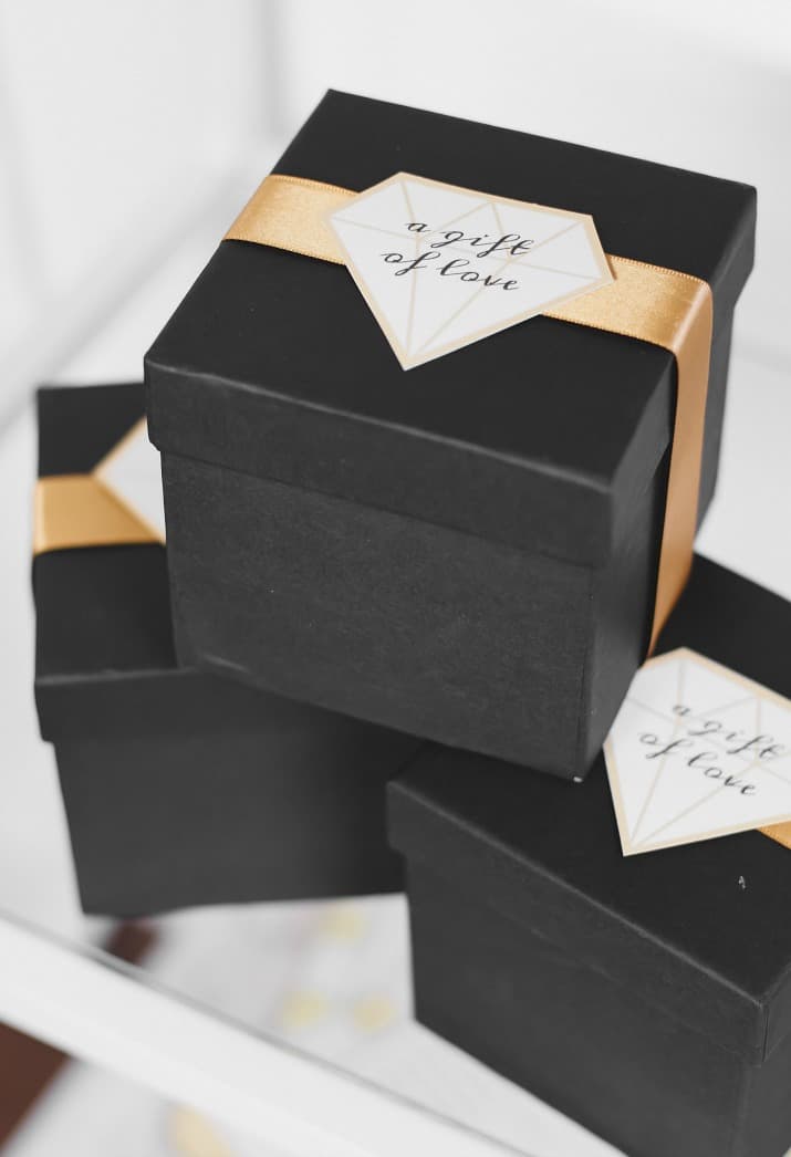 Black & gold bridal shower party favor boxes