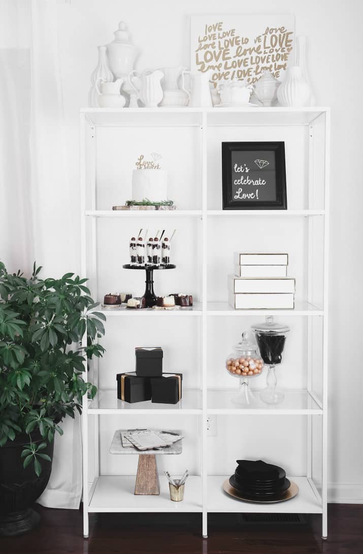 Black & gold bridal shower dessert shelf