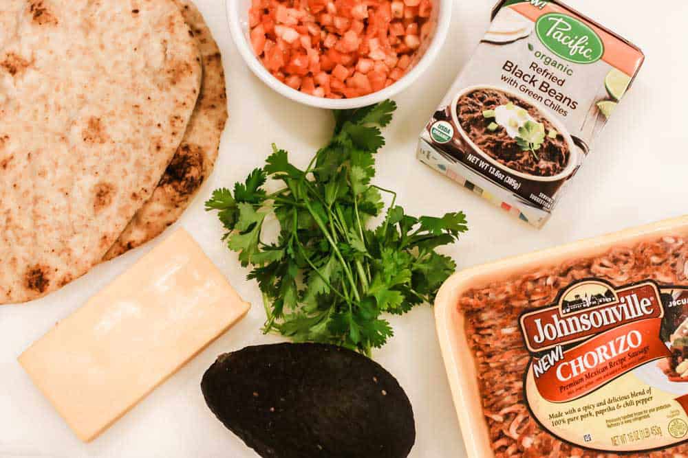ingredients for black bean and chorizo flatbread pizza.