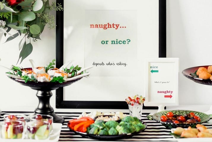Naughty or Nice Christmas Party Ideas with food, decor, & printable signs