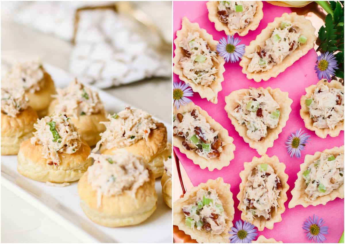 photo collage of chicken salad in puff pastry cups, and pie pastry shells.