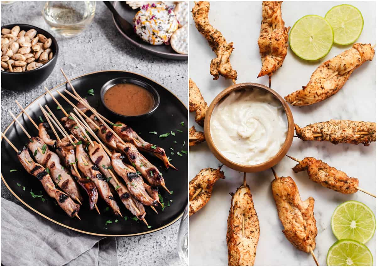 photo collage of two types of chicken skewers in party setting.
