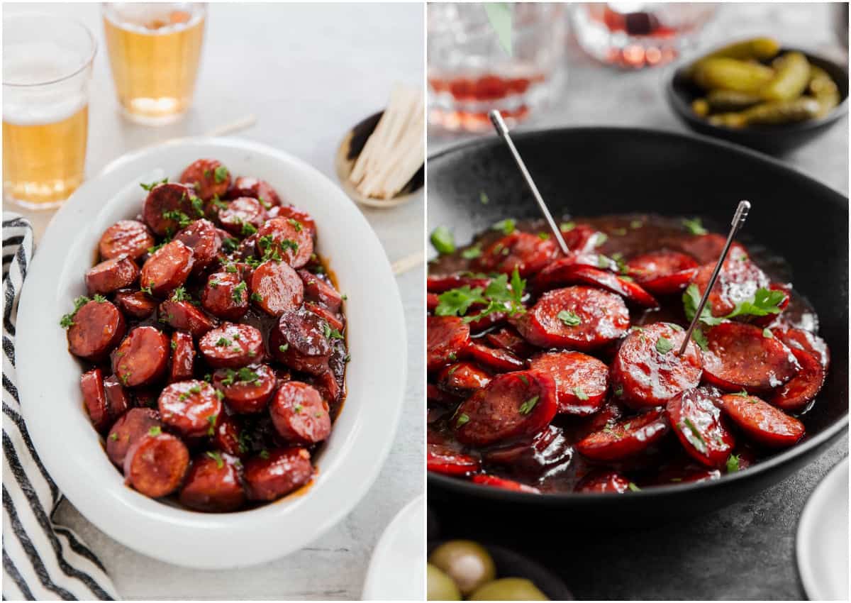 photo collage of two recipes of smoked sausage medallions in sauce.
