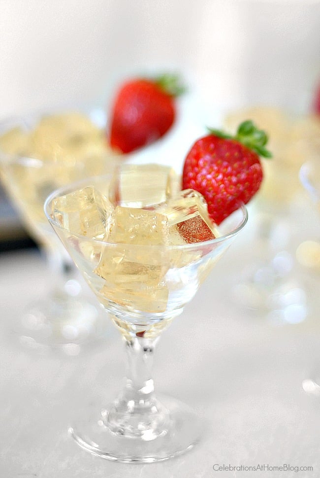Champagne jello squares; party food; Toast your celebration with sparkling wine jello squares for a fun twist at the party; New Years Eve party food