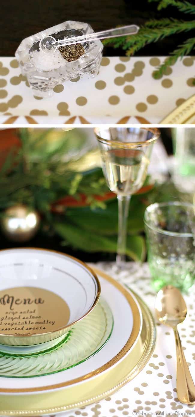 Inspiration for setting your Christmas table from party stylist, Chris Nease; Green & gold Christmas table; Holiday party tablescape. Green & gold Christmas tablescape place setting with printed round menu and vintage glass salt cellar