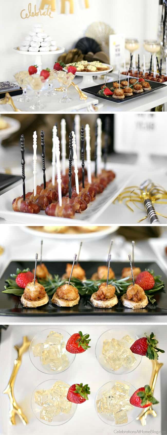 Inspiration for setting a late night party buffet from party stylist, Chris Nease; New years Eve party ideas; Midnight buffet. 