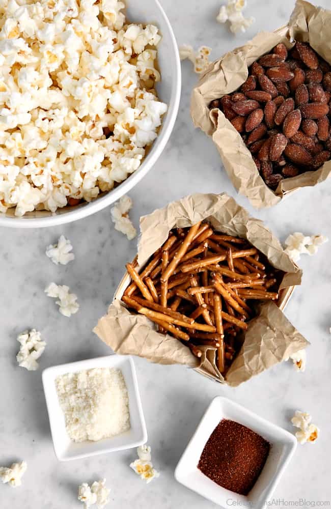 You're going to love our family's favorite popcorn snack mix that we've been making for years! It's a terrific after school snack; football party food, or Awards party mix. 