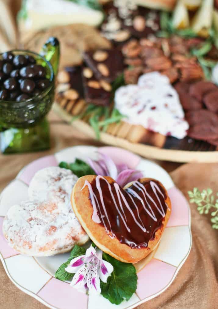 chocolate & cheese dessert board with heart shaped donuts