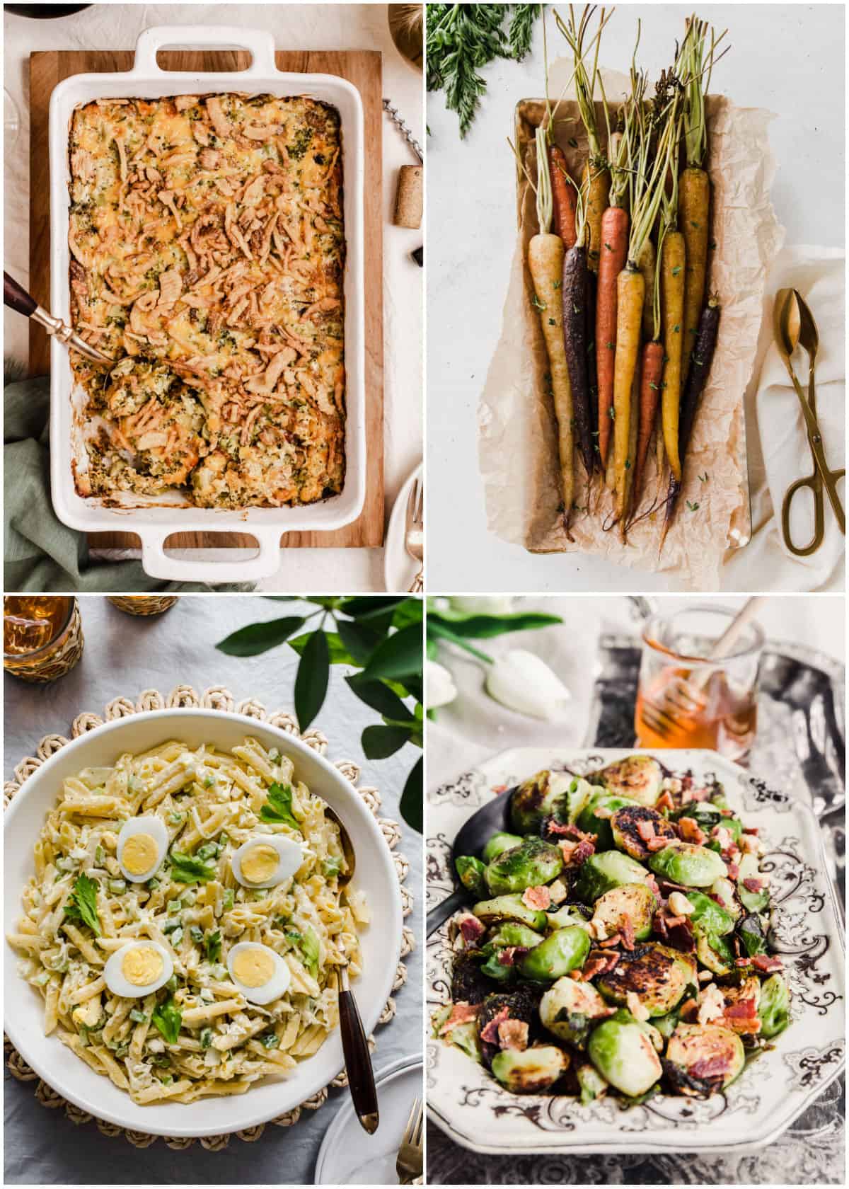 photo collage with casserole, carrots, pasta salad, and brussels sprouts.
