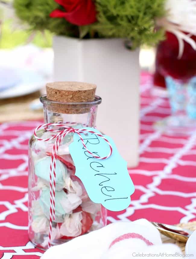 A summer dinner party tablescape requires easy but cute party favors that double as place card holders.