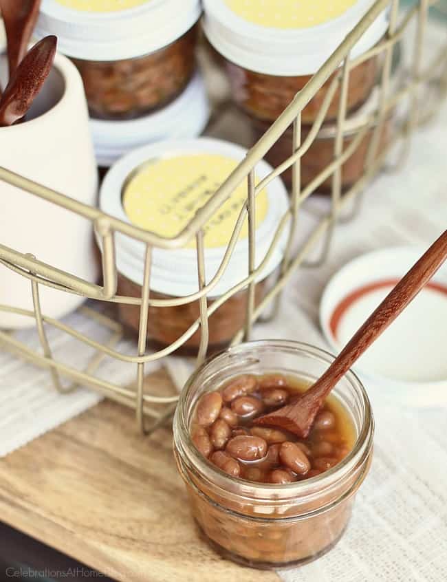 Host a Summer Cocktail Party with a casual bbq twist with these mini jars of baked beans.