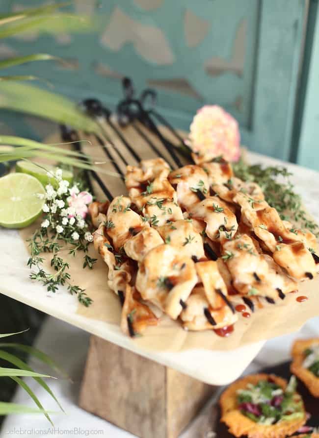 Host a Summer Cocktail Party with these tasty bbq chicken skewers. Easy entertaining at home tricks.