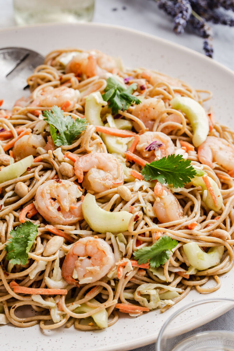 cold salad with spaghetti noodles and shrimp.