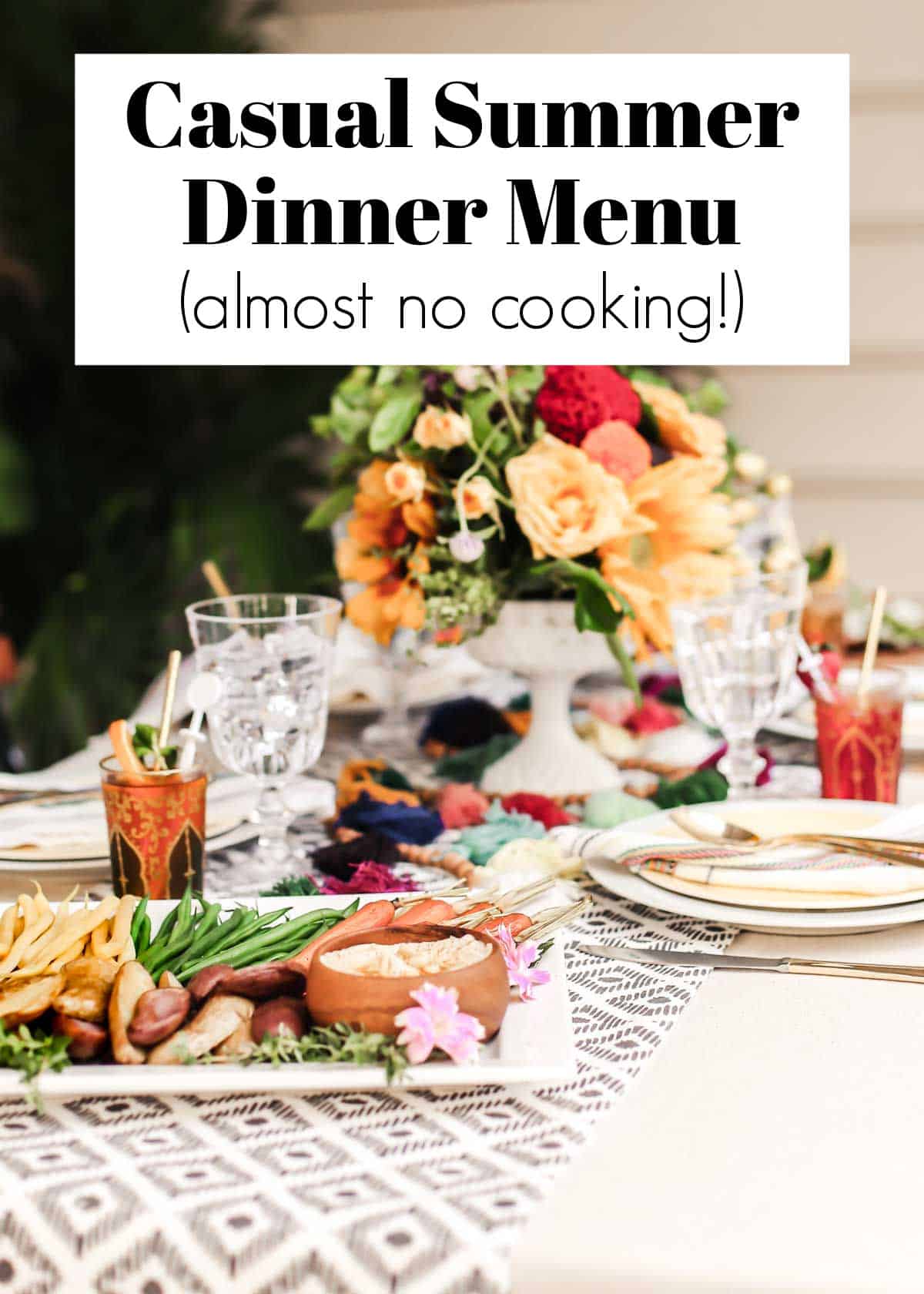 outdoor dining table with platters of food, and a text overlay.