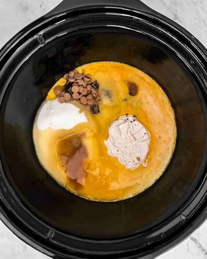 slow cooker brownie ingredients inside crock.