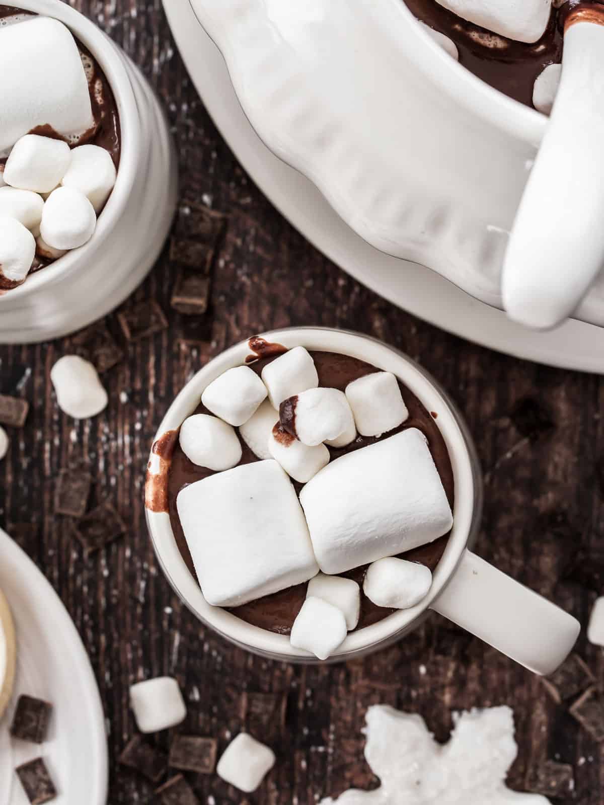 overhead view of hot chocolate in white mug topped with big and small marshmallows.