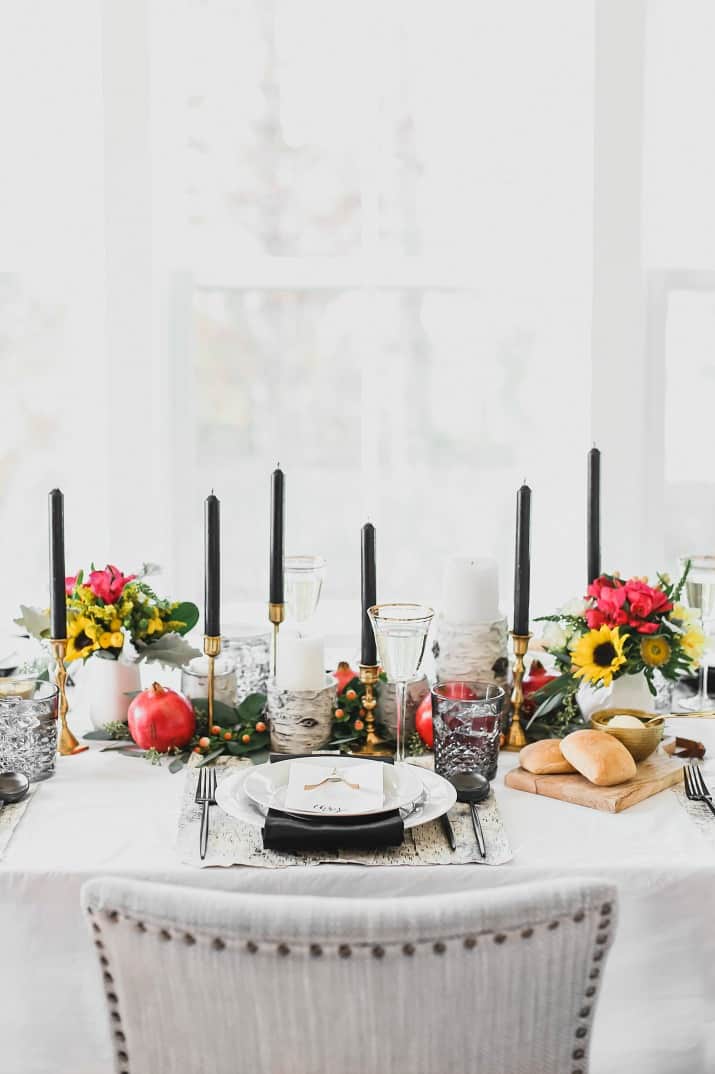 black and white tablescape for Thanksgiving entertaining, with dinner menu and recipes