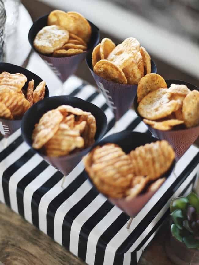 These Game Day Snack Ideas with DIY chip cones will have you ready for casual entertaining at home, in no time! Get my tips and easy craft, here. #gamedaysnacks